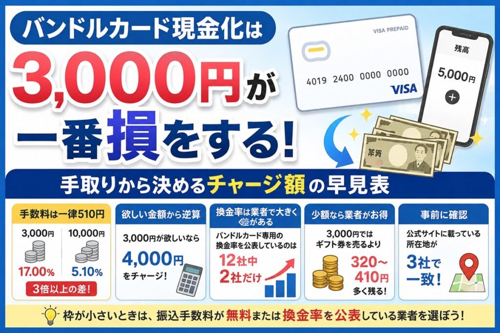バンドルカード現金化は3,000円が一番損をする！手取りから決めるチャージ額の早見表